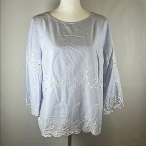 Liz Claiborne Sky Blue Eyelet Lace Blouse Scalloped Hem 3/4 Sleeve Cotton Top